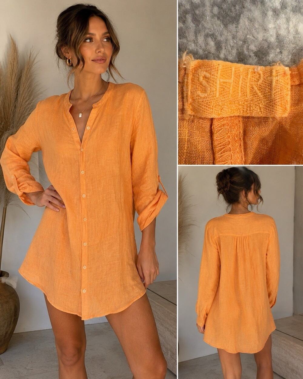 SHIRT Orange Linen Woven Button Front Collared Long Sleeve Tunic Top Size M/L